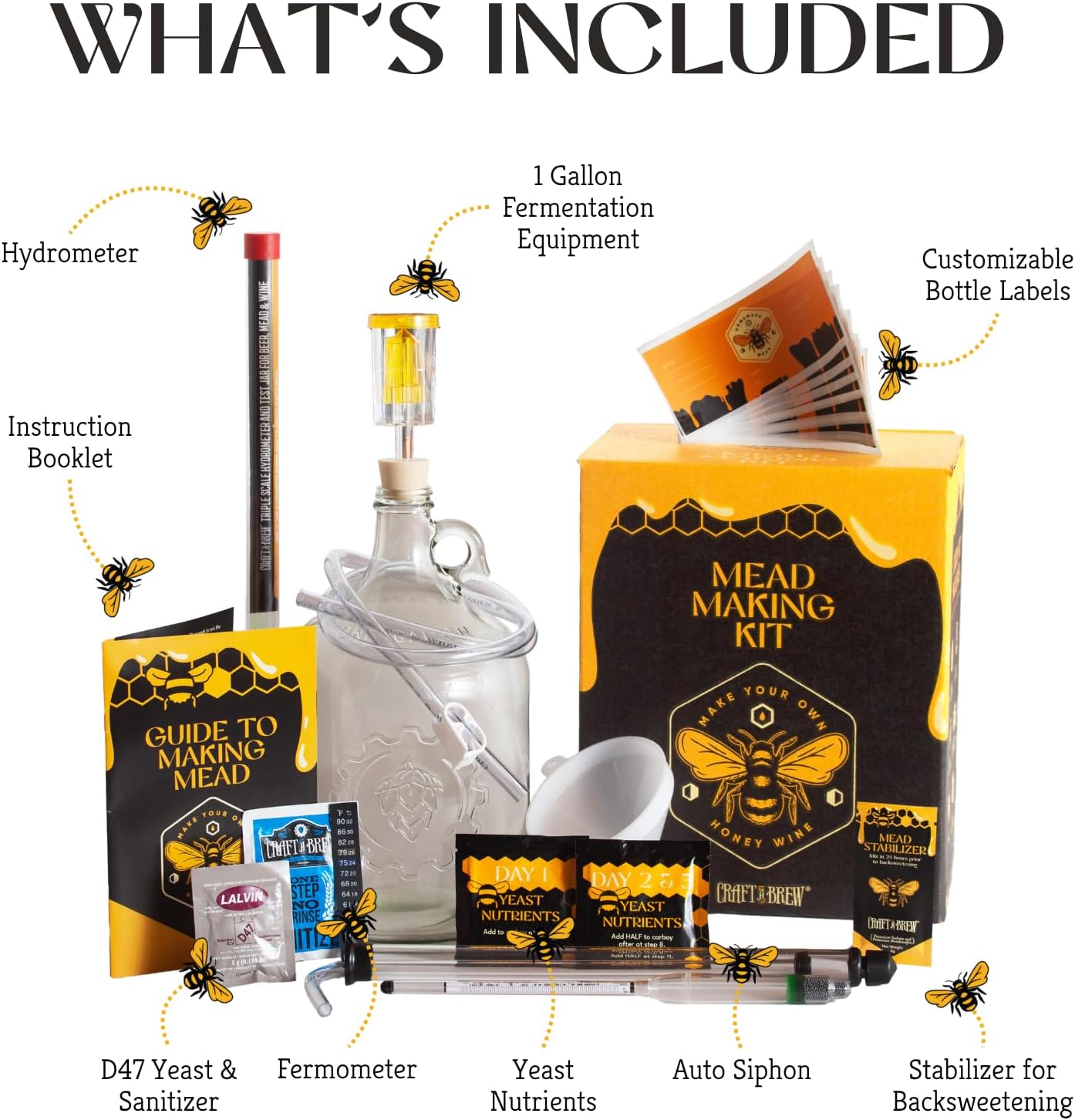 Craft A Brew - Deluxe Mead Making Kit - 1 Gallon Homebrew Starter Set with Backsweetening & Bottling Tools - DIY Mead Brewing Kit for Beginners - Just Add Honey Mead Making Kit Deluxe